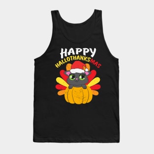 Happy Hallo Thanksmas Cute Cat Wearing Santa Hat Pumpkin Turkey Gift Tank Top